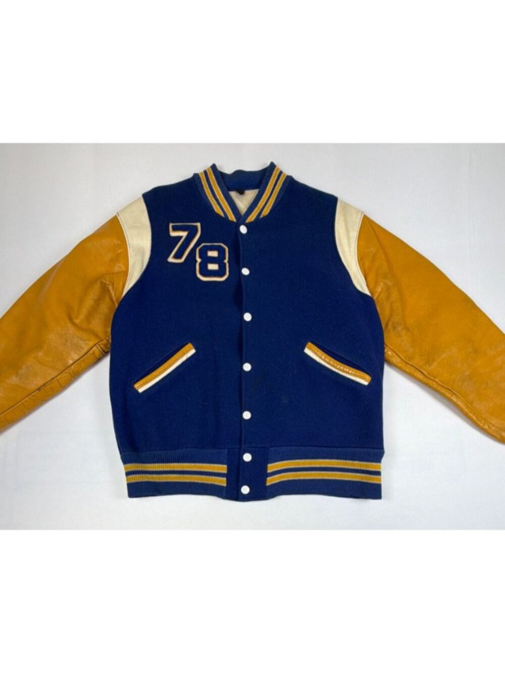 Vintage 70s Varsity Jacket Men L Blue Gold Wool Leather Sleeves Made in USA 1978